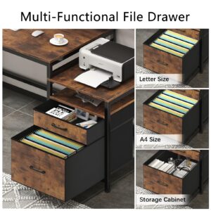 YOMILUVE 2 Person Desk with File Drawer and Storage Shelves, 103" Double Computer Desk with Power Outlet & 2 Fabric Drawers for Home Office, Reversible Computer Desk with Monitor Stand, Rustic Brown