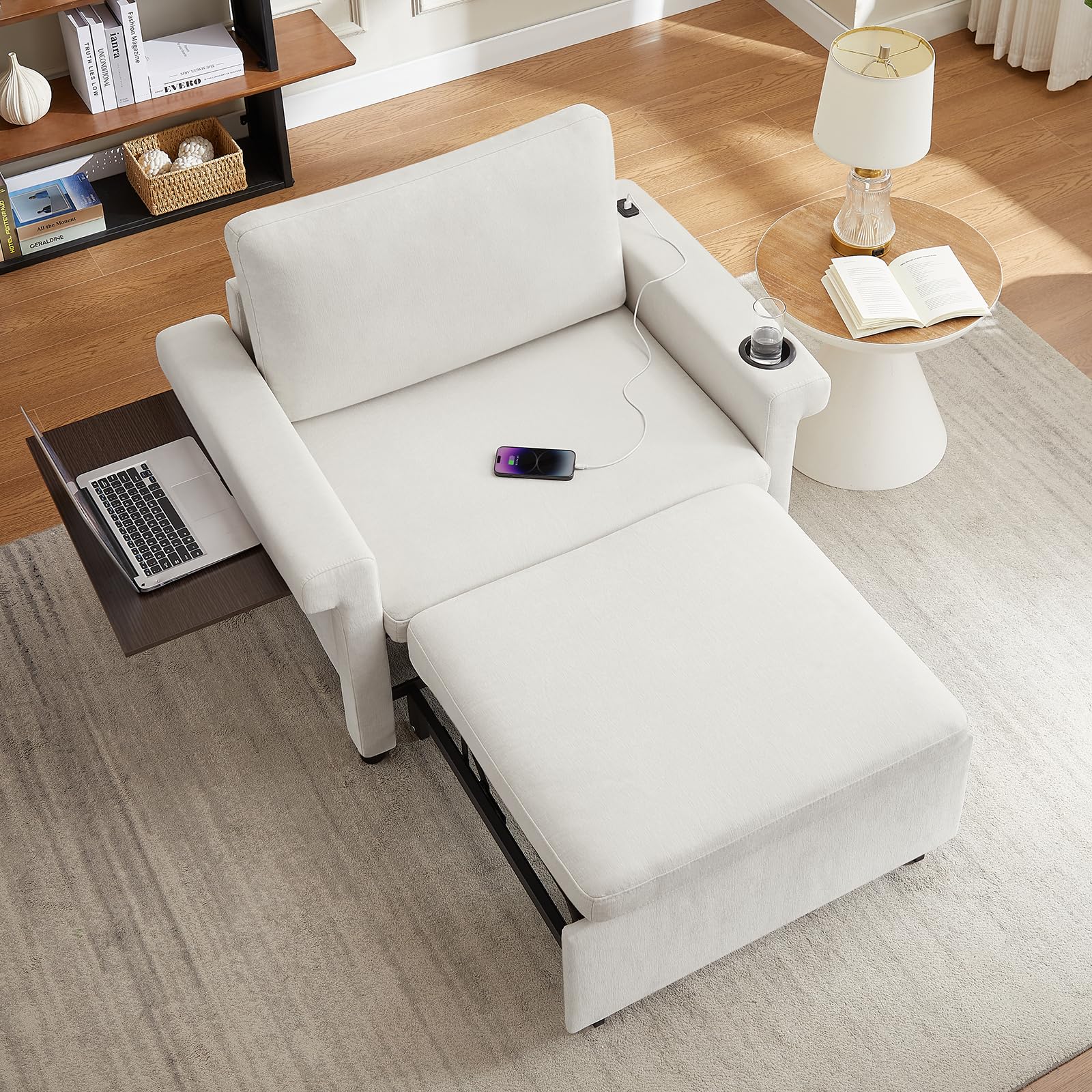 ONBRILL Convertible Sleeper Chair, 3-in-1 Pull Out Sofa Bed Couch with Adjustable Backrest, Chenille Sleeper Sofa Chair Bed with Hidden Table & 2 Charging Ports, White Small Couches for Living Room