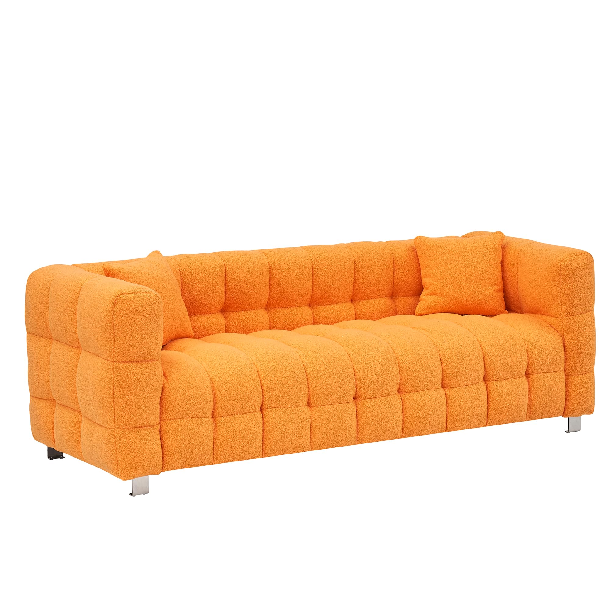 Dolonm Modern Sofa Couch with Metal Legs Upholstered Tufted 3 Seater Couch with 2 Pillows Decor Furniture for Living Room, Bedroom, Office, 80 Inch Wide(Orange-Teddy)