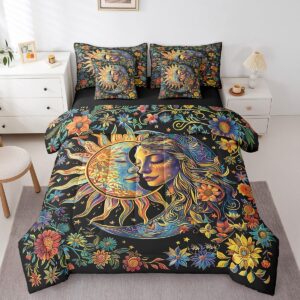 jejeloiu Sun Moon Queen Comforter Set with Sheets Boho Exotic 7 Pieces Bedding Set for Kids Boys Girls Teens Room Decor Floral Print Bohemian Bed in a Bag Queen Size Galaxy Bed Set