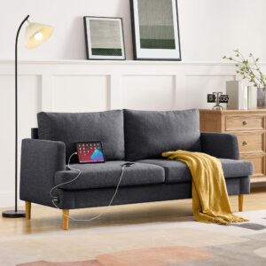 Busaurus 70" Loveseat Sofa, Mid Century Modern Couch for Small Spaces, 2 Seater Linen Fabric Sofa Upholstered Love Seat Couches with Comfy Pillows & USB for Living Room, Bedroom, Apartment, Dark Grey