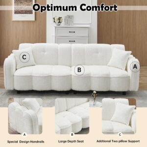 Elevon 96 Inch Modern Sofa Couch, Comfy Cloud Couch Loveseat Sofa Teddy Velvet Upholstered, 3 Seater Cozy Deep Seat with 2 Pillows for Living Room Bedroom Apartment Office, White