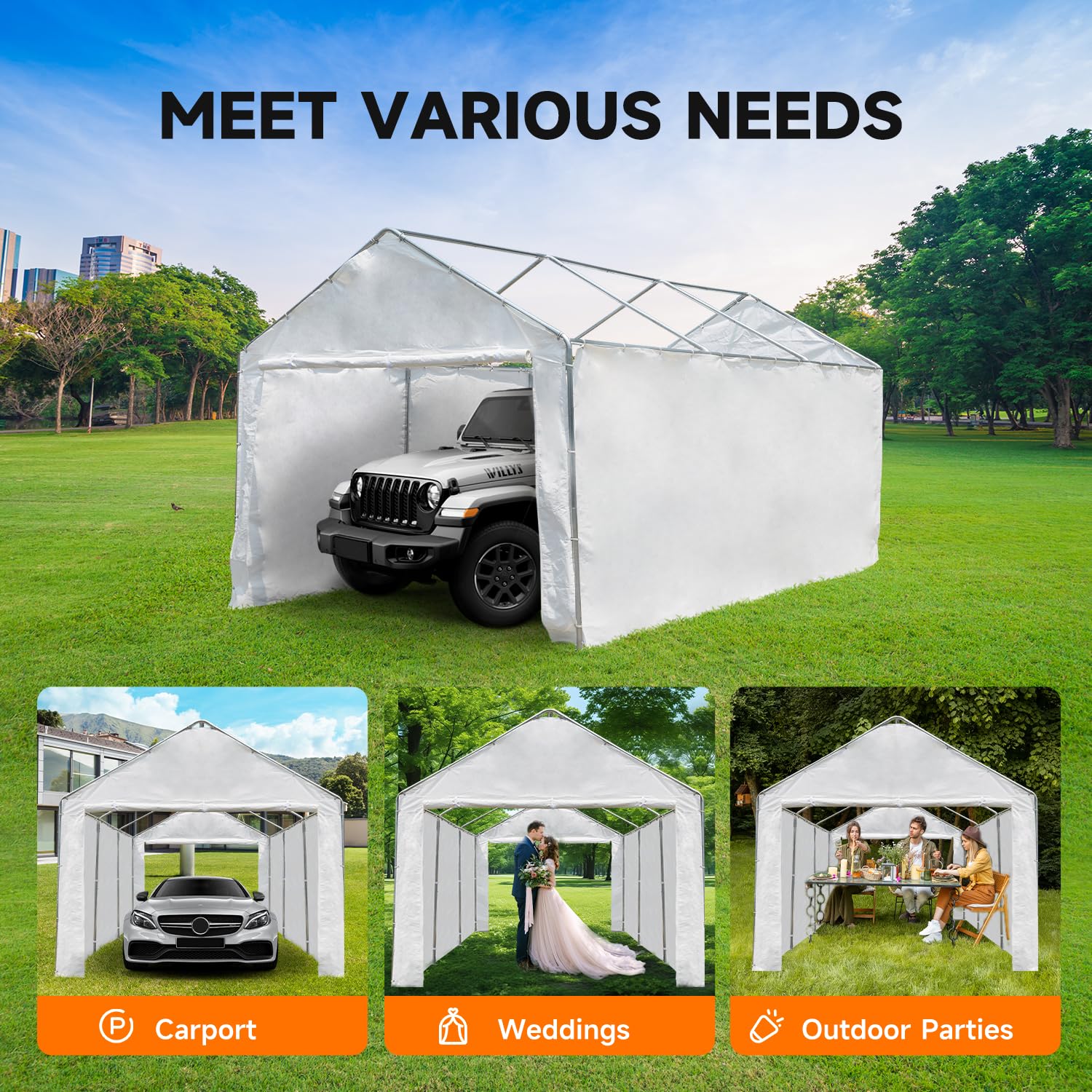 MELLCOM 10 x 20ft Carport Replacement Canopy Cover Side Wall with Zipper Door,Garage Tent Shelter Waterproof & UV Protected,White (Top and Frame Not Included)