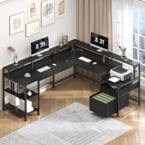 YOMILUVE L Shaped Desk with File Drawer and Storage Shelves, Reversible Computer Desk with Power Outlet for Home Office, Corner Gaming Desk with Full Monitor Stand