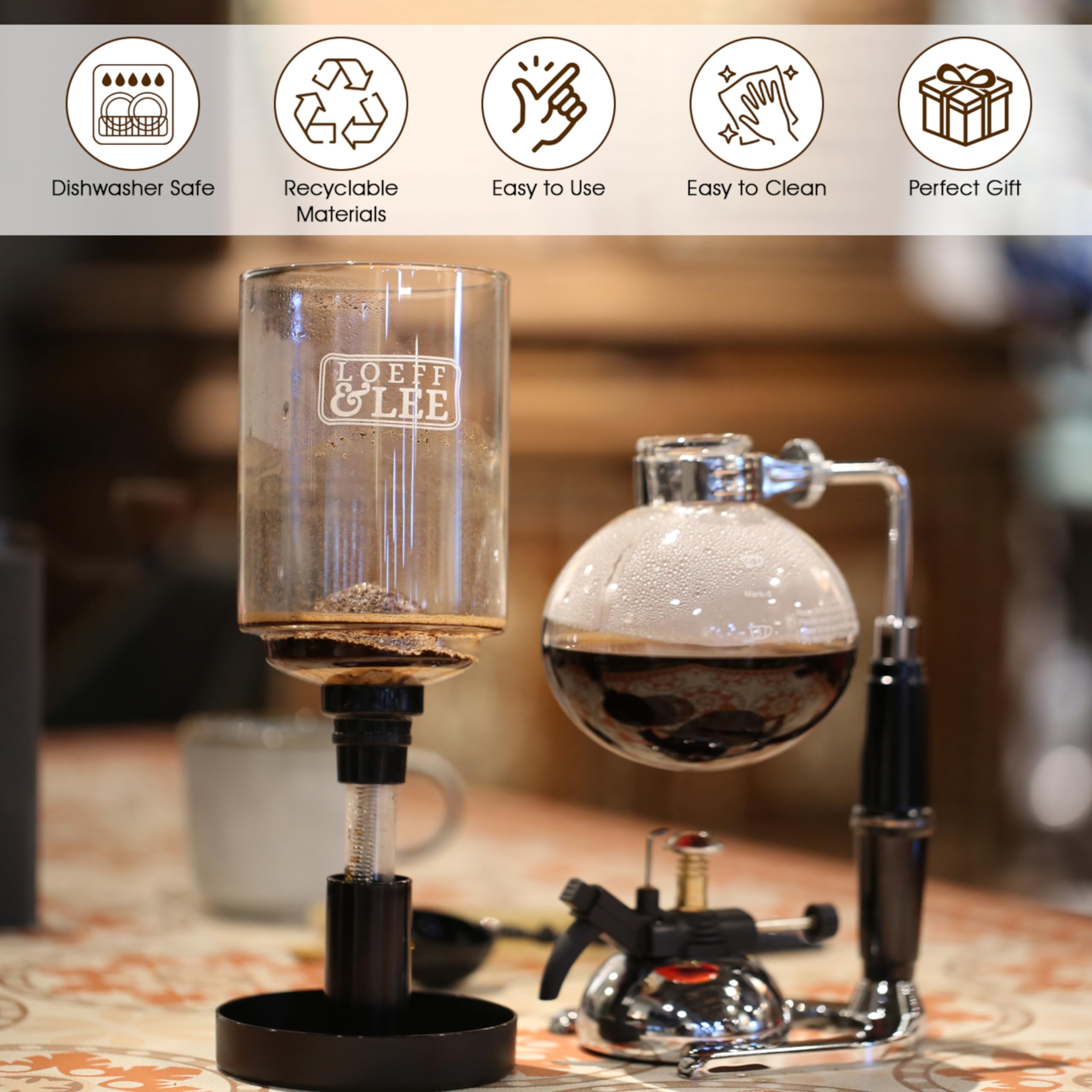 LOEFF&LEE 5 Espresso Cups - Siphon Coffee Maker with MicroBurner (Tabletop Syphon Coffee Brewer - 600ml)