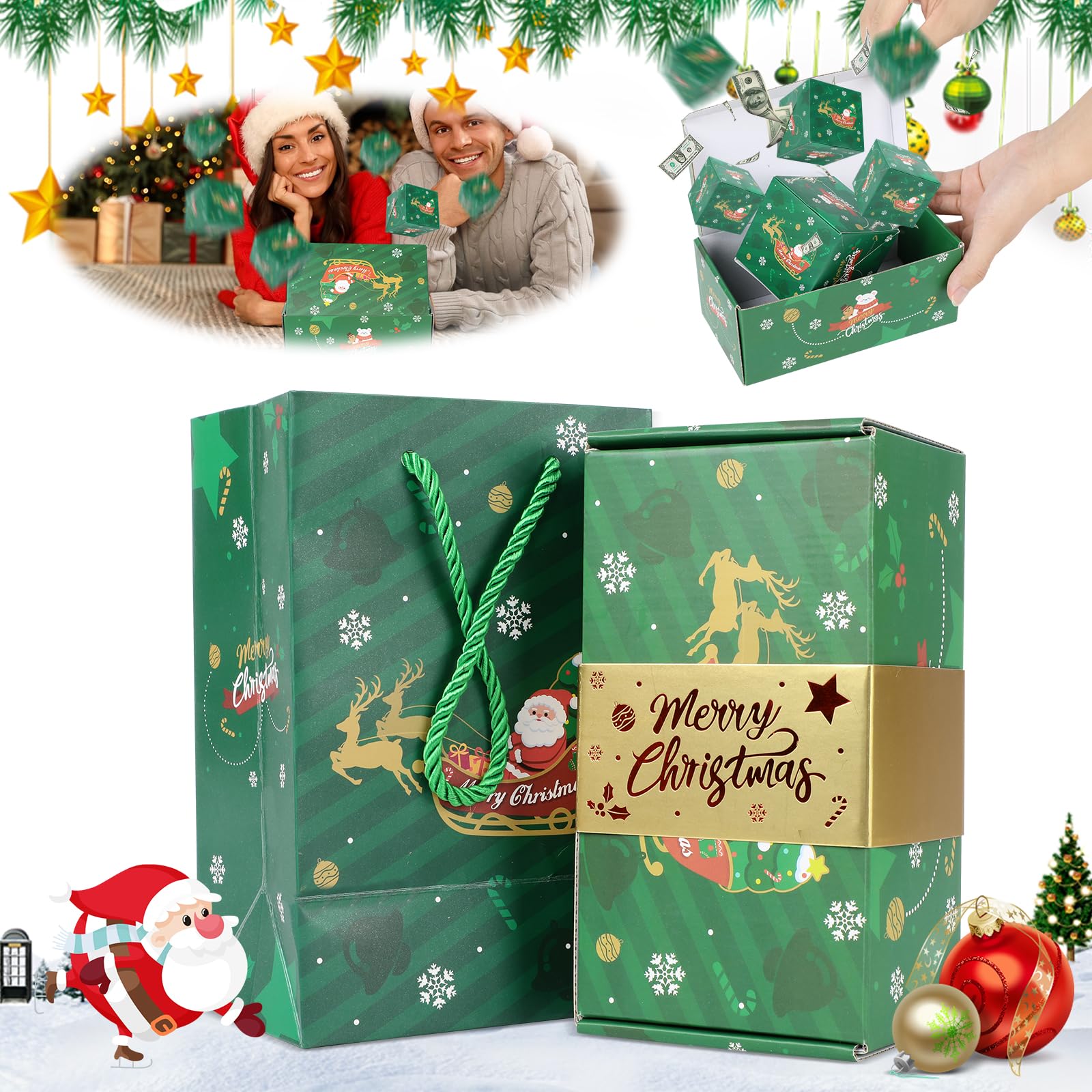 Surprise Gift Box Explosion for Money, Funoio Surprise Box Gift Box, Merry Christmas Surprise Gift Boxes, Folding Bouncing Pop-Up Explosion Gift Box, Pop Up Money Gift Box (Christmas Elk, 12 Pages)