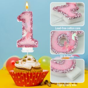 JonesLi 1th Birthday Candles，Glitter Butterfly Cake Toppers Pink Sequins Wedding Numeral Cupcake Decorations，Suitable for Girl and boy Wedding Cakes, Party Celebrations, Birthday Decorations