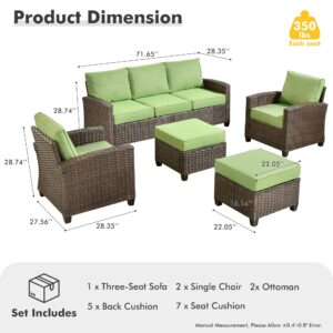 CAODOC Patio Furniture Set, 5 Pieces Outdoor Wicker Rattan Sofa Couch with Chairs, Ottomans and Comfy Cushions, All Weather High Back Conversation Set Garden Backyard, Brown Rattan Green Cushions