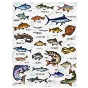 types of fish flannel fleece throw blanket, ultra soft fluffy fuzzy blanket for living room bedroom, fishing gifts for dad grandpa s 50"x40" for kids