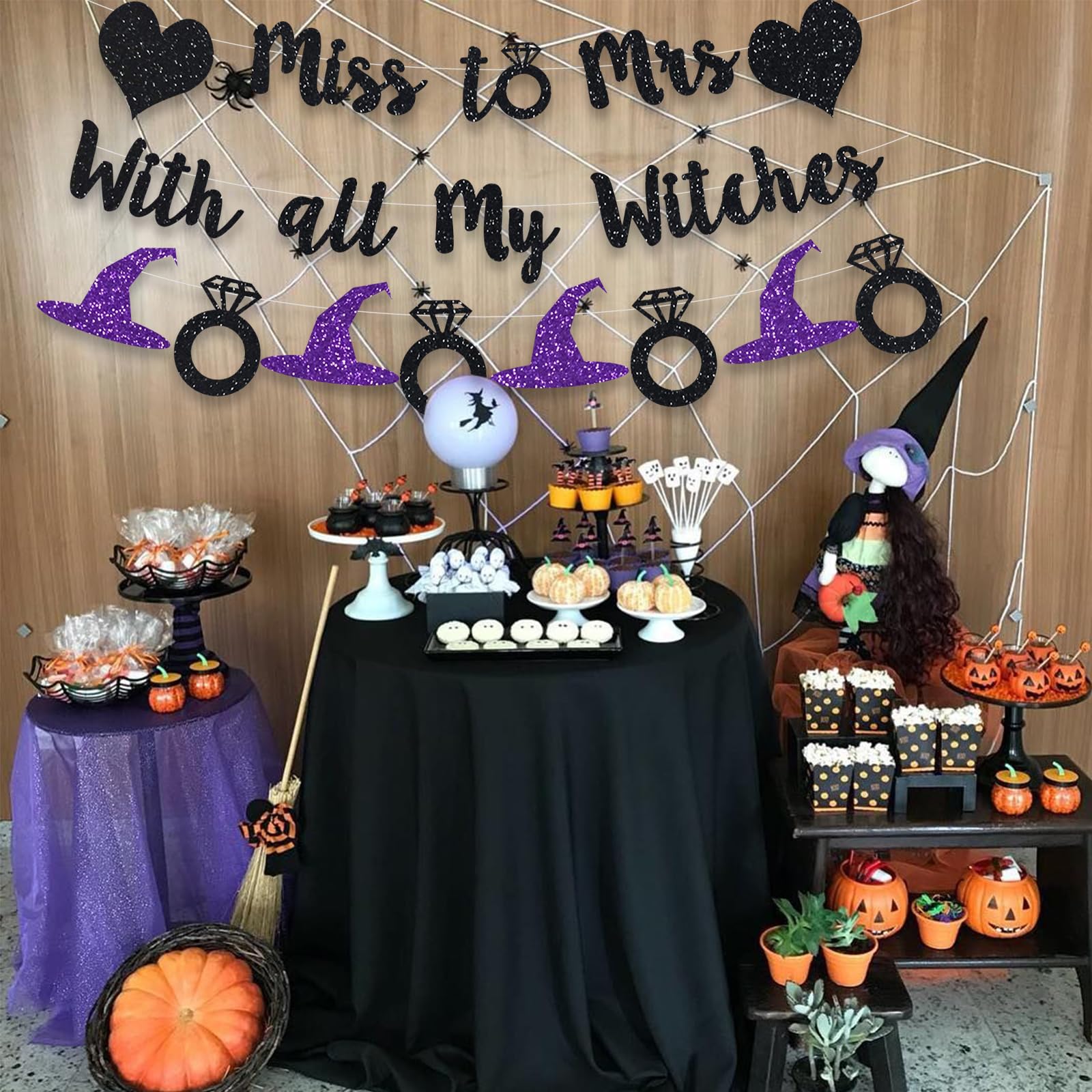 Halloween Miss To Mrs Witches Banner Bachelorette Party Garland Black Heart Ring Purple Hat Bridal Shower Wedding Supplies