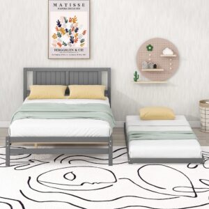 MERITLINE Full Size Bed Frame with Headboard,Wood Full Bed with Adjustable Trundle Bed, Extendable Bed Frame to 2 Beds for Kids Teens Adults (Full, Grey)