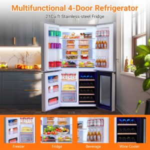 Takywep 4 Door French Door Refrigerator, 21 Cu.Ft Counter Depth Stainless Steel Refrigerators, Multifunctional Fridges with Freezer, Refresh, and Wine Cooler for Kitchen, Bedroom, Office, Dorm