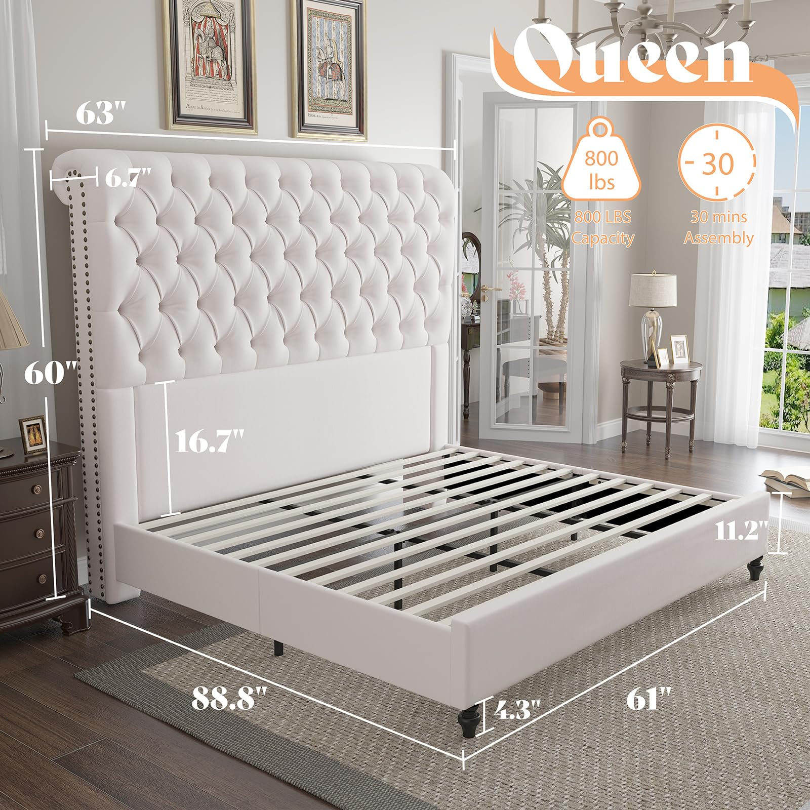 AMERLIFE Queen Size Bed Frame 60" Tall Sleigh Headboard Bed with Velvet Upholstered Platform, No Box Spring Needed, Cream