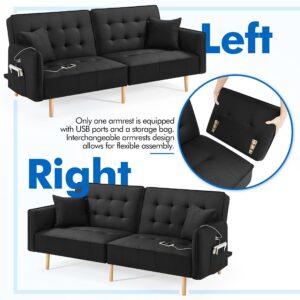 Yaheetech Futon Sofa Bed Convertible Couch Sofa with USB Ports Fabric Sleeper Sofa Split-Back Loveseat for Living Room, Studio, Office, Black