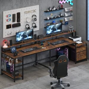 YOMILUVE 2 Person Desk with File Drawer and Storage Shelves, 103" Double Computer Desk with Power Outlet & 2 Fabric Drawers for Home Office, Reversible Computer Desk with Monitor Stand, Rustic Brown