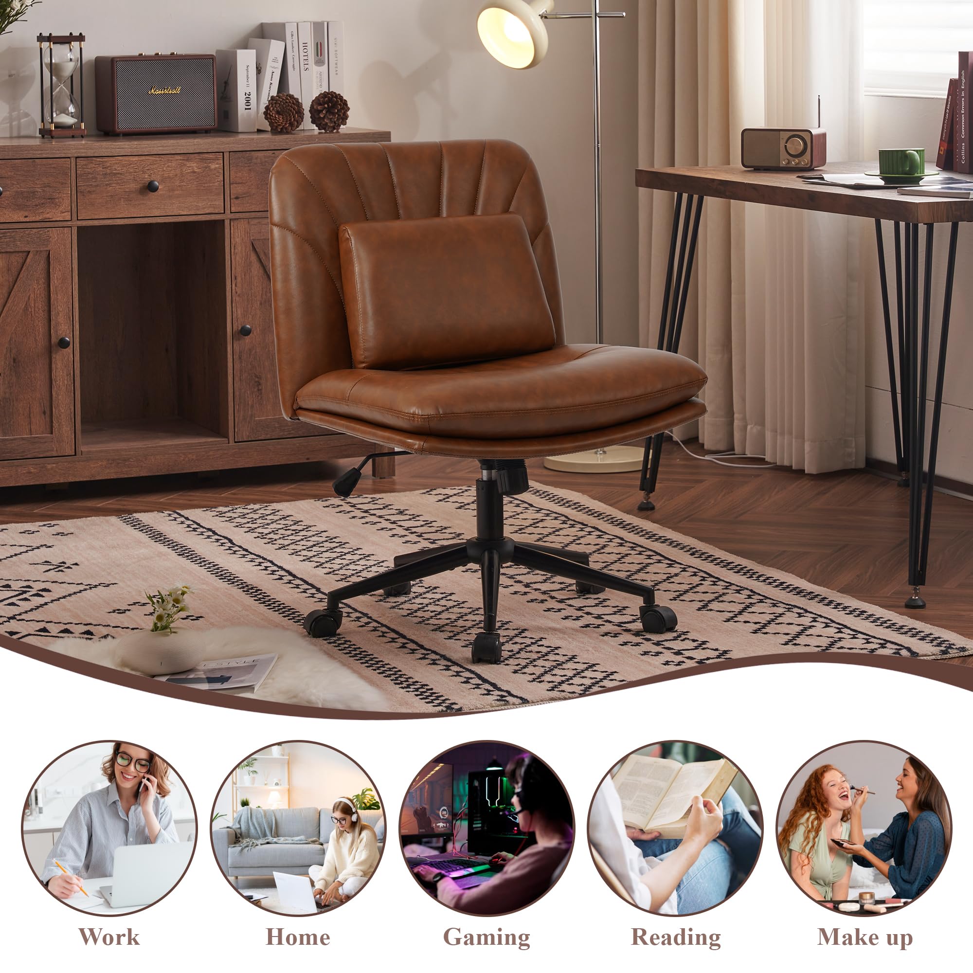 Polarisys Criss Cross Office Chair Armless Desk Chair with Wheels Pu Leather Cross Legged Office Chair, Wide Brown Desk Chairs Cross Legged Meditation Chair with Lumbar Cushion for Home & Office