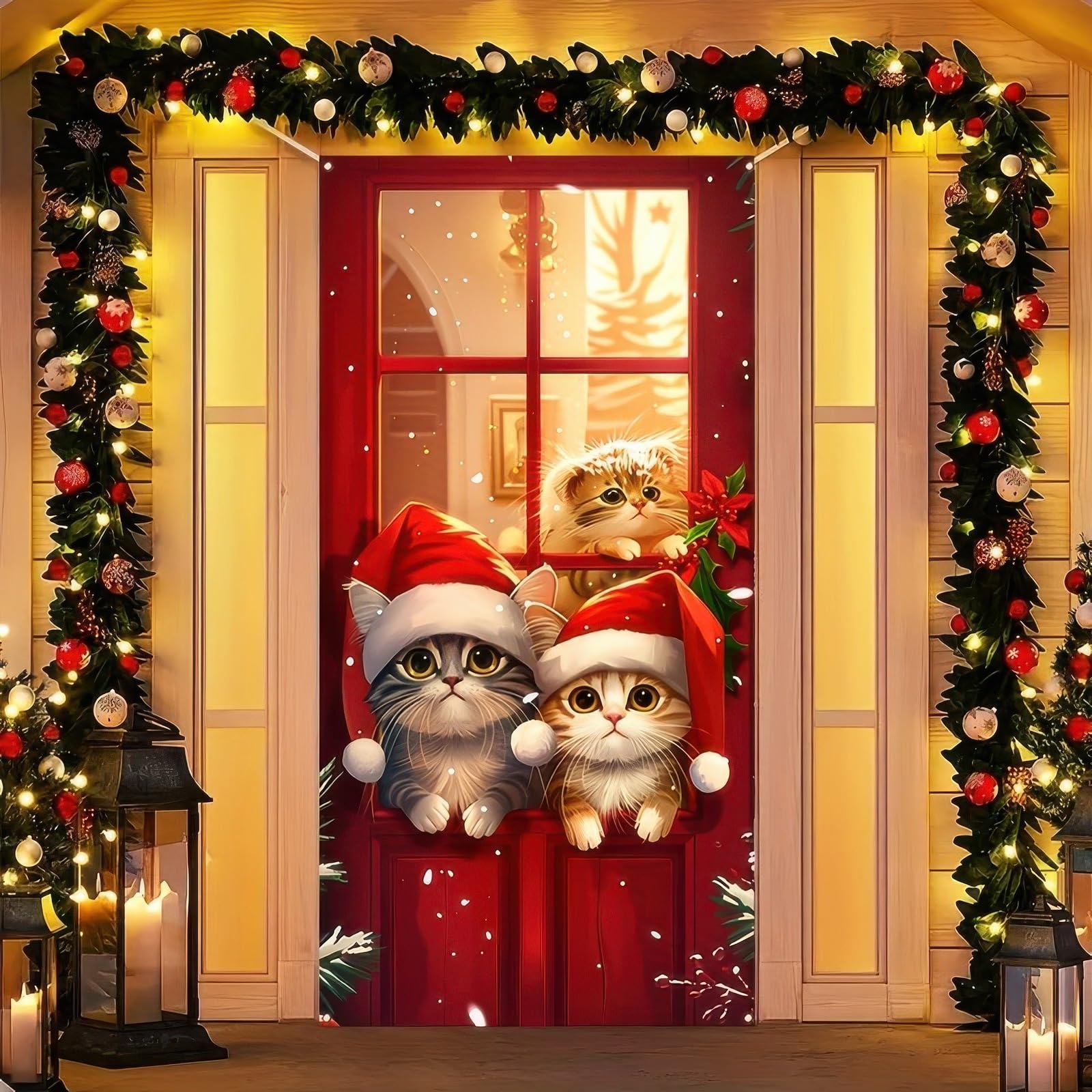 Merry Christmas Door Cover Cute Cat Printed Hanging Door Banner with White Rope Christmas Photo Booth Background Props for Winter Party Holiday Xmas Eve Porch House 71 x 35 Inches