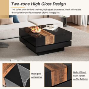 Bellemave Square Coffee Table High Gloss Center Table with Sliding Tabletop, Multi-Storage Sofa Table Extendable Cocktail Table with Hidden Storage Compartment for Living Room (Black)