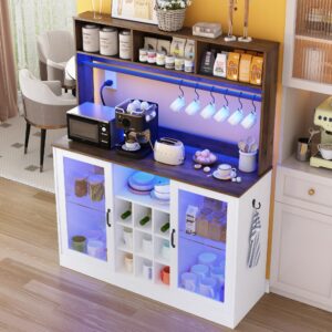 Vinctik 6&Fox Farmhouse LED Coffee Bar w/60000-color Lights,Power Outlet,7 Hooks,9Wink Racks,Adjustable Shelf for Tea Liquor Wine.Sliding Glass Door