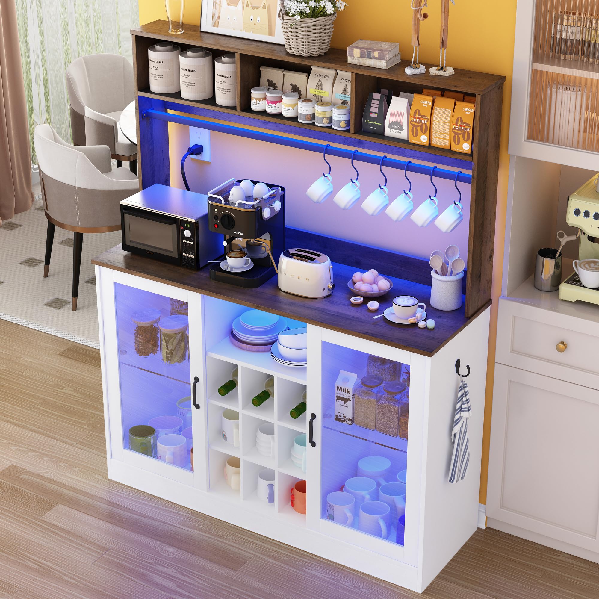 Vinctik 6&Fox Farmhouse LED Coffee Bar w/60000-color Lights,Power Outlet,7 Hooks,9Wink Racks,Adjustable Shelf for Tea Liquor Wine.Sliding Glass Door