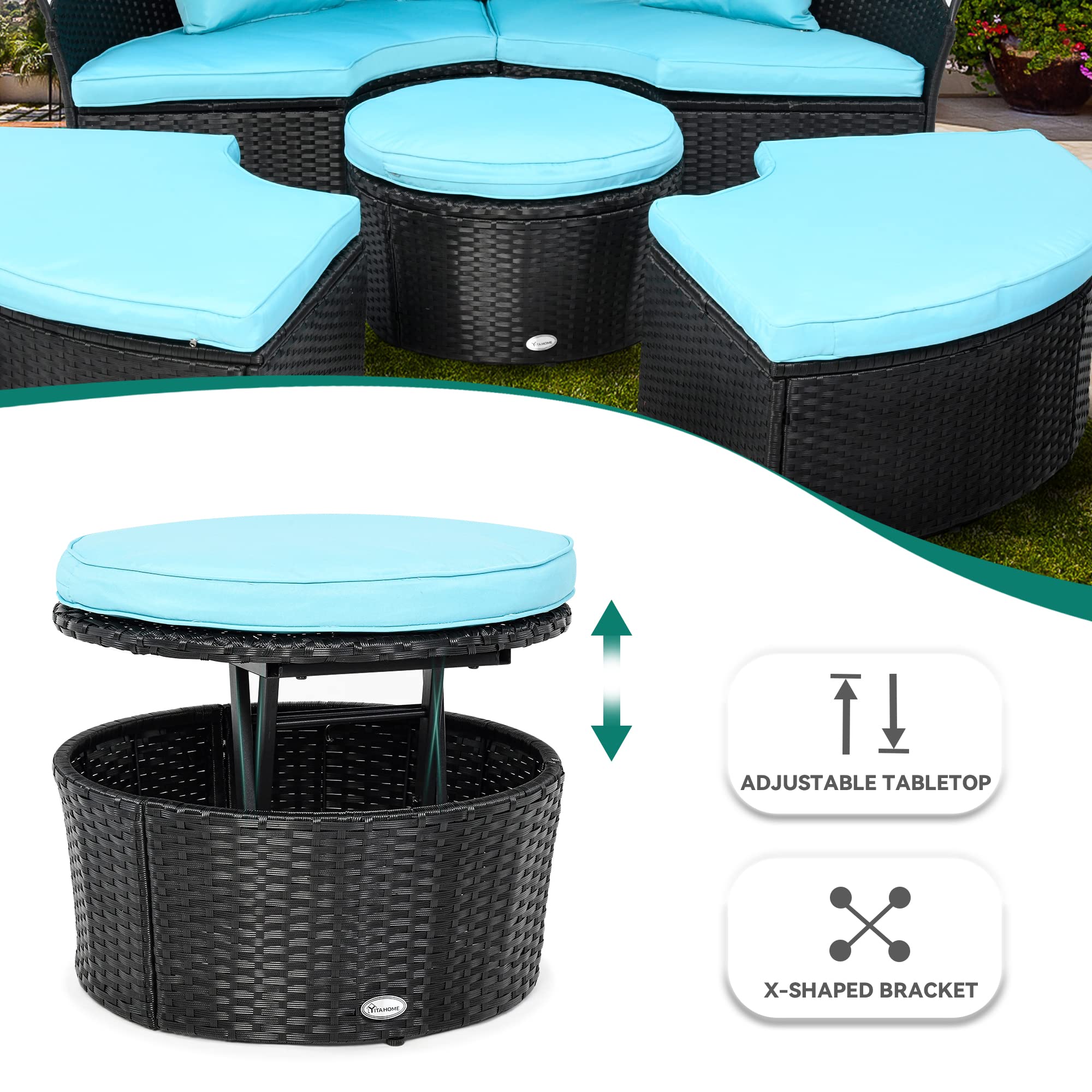 YITAHOME Outdoor Furniture Patio Round Daybed with Retractable Canopy, Soft Cushions, and Storable Side Table for Leisure in Porch Backyard, Turquoise