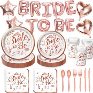 bridal shower decorations - rose gold bachelorette party decorations set with plates, napkins, cups, cutlery, bride to be, star, heart foil balloons for bridal shower decor, serve 25