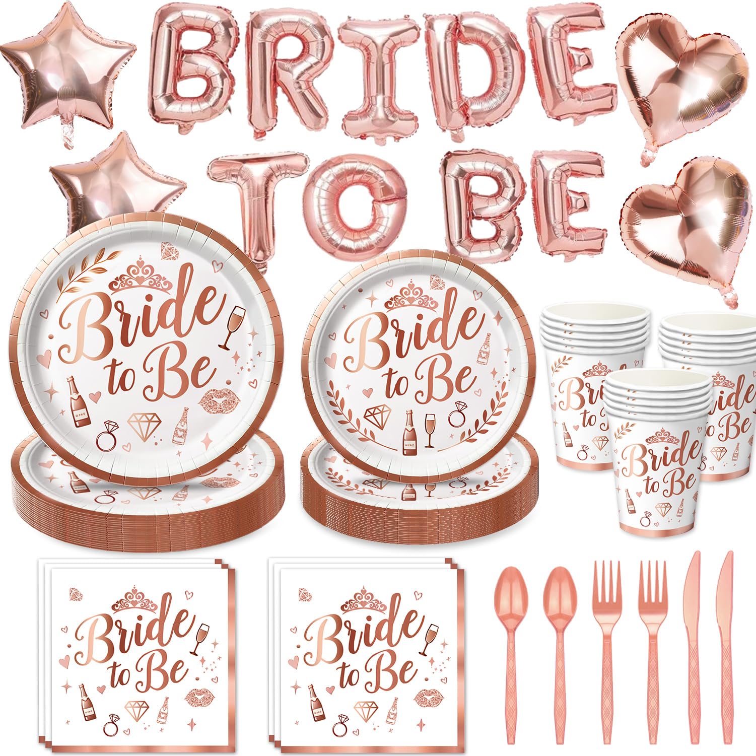 Bridal Shower Decorations - Rose Gold Bachelorette Party Decorations Set with Plates, Napkins, Cups, Cutlery, Bride to Be, Star, Heart Foil Balloons for Bridal Shower Decor, Serve 25