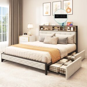 dwvo queen size storage bed frame with 4-drawer, upholstered platform bed frame with usb charging ports & bookcase headboard, simple setup, no requirement for box spring (beige)