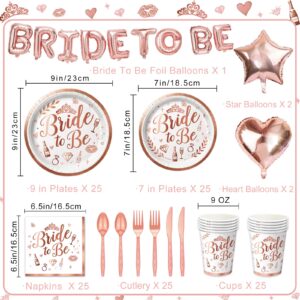 Bridal Shower Decorations - Rose Gold Bachelorette Party Decorations Set with Plates, Napkins, Cups, Cutlery, Bride to Be, Star, Heart Foil Balloons for Bridal Shower Decor, Serve 25