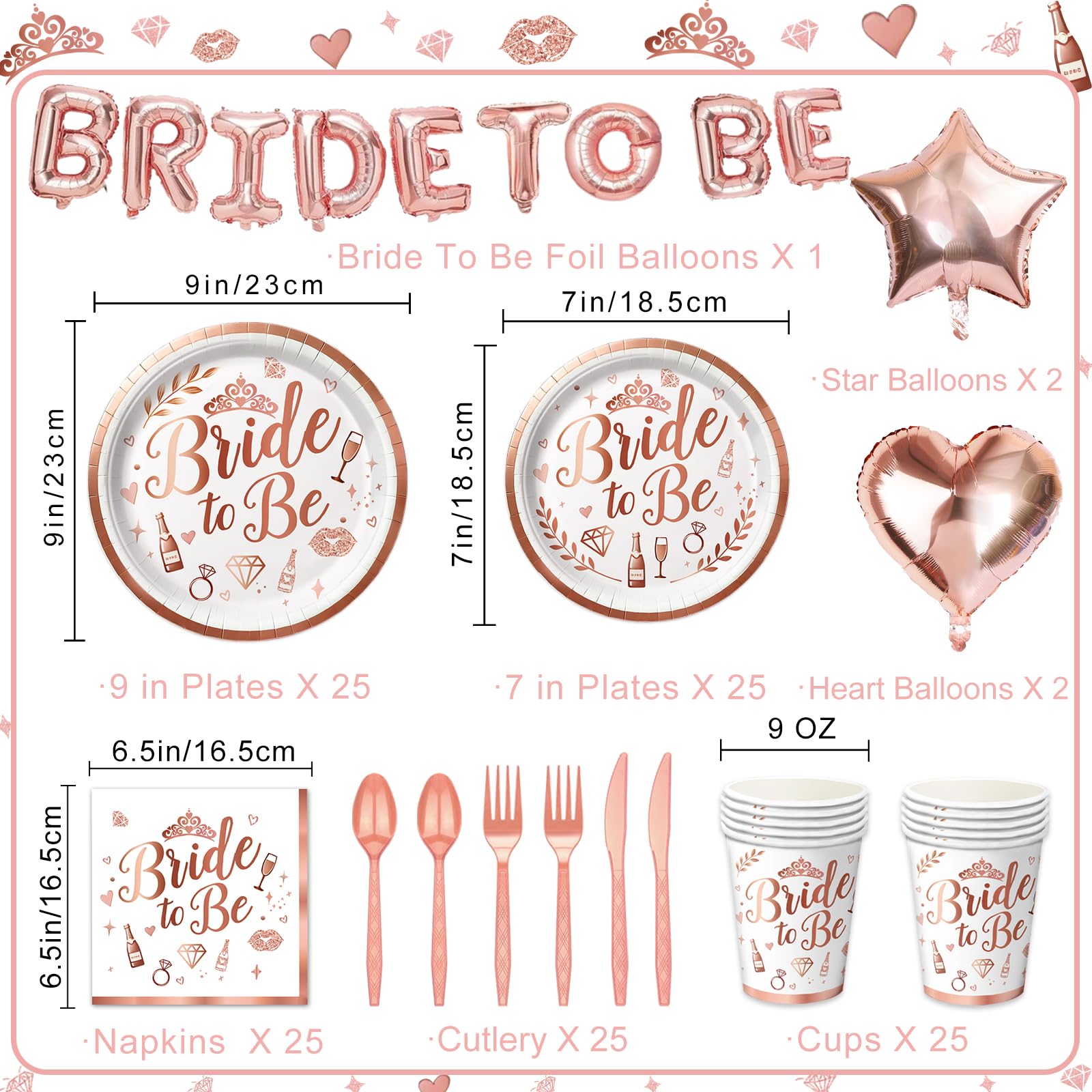 Bridal Shower Decorations - Rose Gold Bachelorette Party Decorations Set with Plates, Napkins, Cups, Cutlery, Bride to Be, Star, Heart Foil Balloons for Bridal Shower Decor, Serve 25