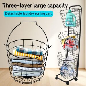 BAOKALER Removable 3 Tier Metal Rolling Laundry Basket Cart,Large Capacity Wire Basket Laundry Hamper with Wheels, Laundry Butler for Bathroom Bedroom Laundry Room