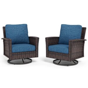 MIXPATIO Swivel Patio Wicker Chairs Set of 2, Outdoor Swivel Patio Rattan Chairs with High Back and 5.5" Thick Cushions for Bistro Balcony Porch Deck and Yard, Peacock Blue