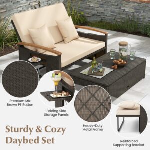 Moccha Outdoor Wicker Daybed, Patio Rattan Loveseat Sofa w/ 4-Level Adjustable Backrest, Folding Panels, Storage Ottoman & Cushions, Lounge Furniture Set for Poolside Backyard Porch (Beige)