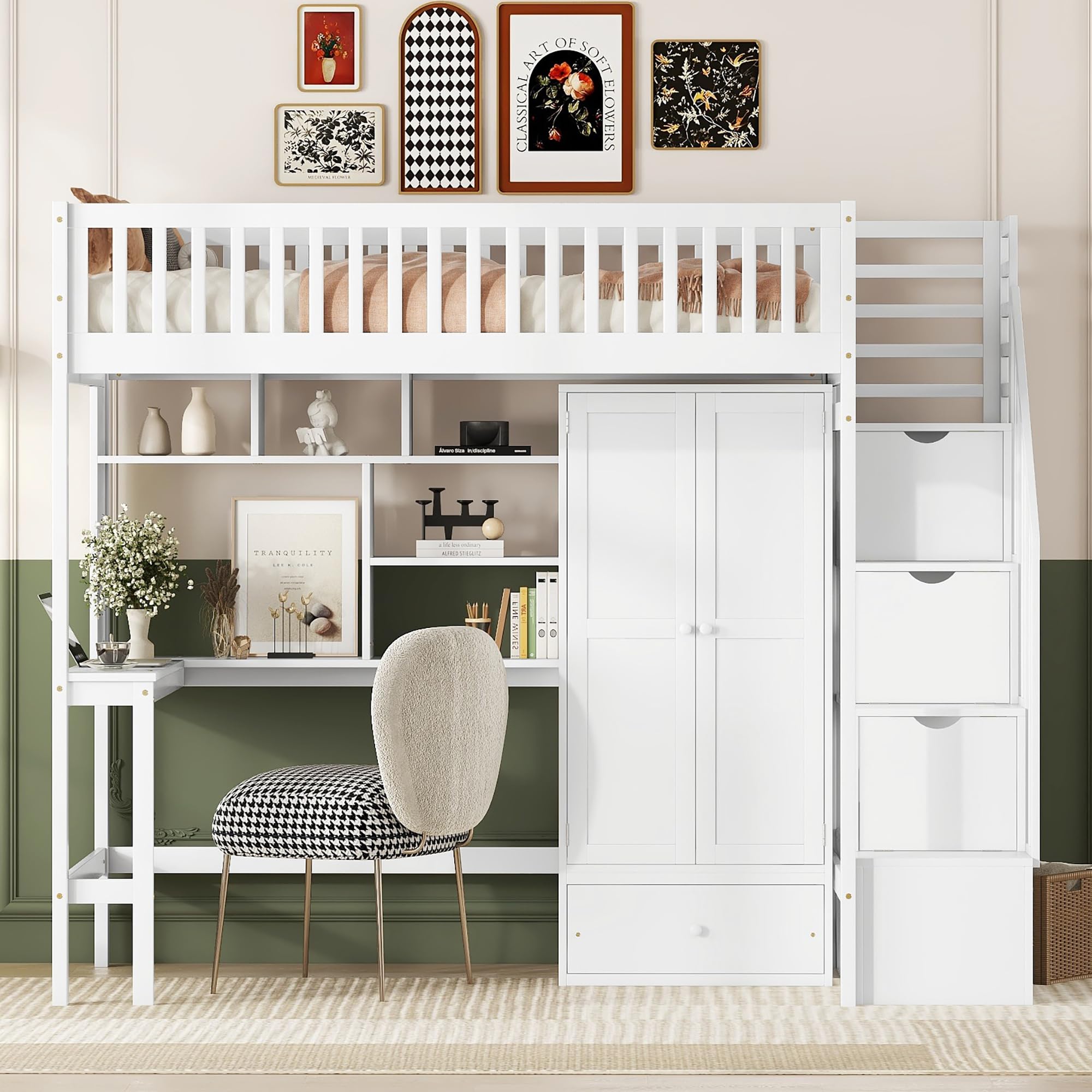 Bellemave Twin Size Loft Bed with Desk, Multifunctional Loft Beds Twin with Bookshelf,Stairs, Wardrobe and Drawer for Kids Boys Girls Bedroom, Solid Wood Loft Bed Frame with Storage,White