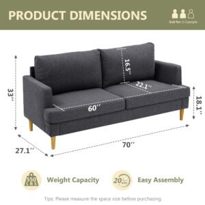 Busaurus 70" Loveseat Sofa, Mid Century Modern Couch for Small Spaces, 2 Seater Linen Fabric Sofa Upholstered Love Seat Couches with Comfy Pillows & USB for Living Room, Bedroom, Apartment, Dark Grey