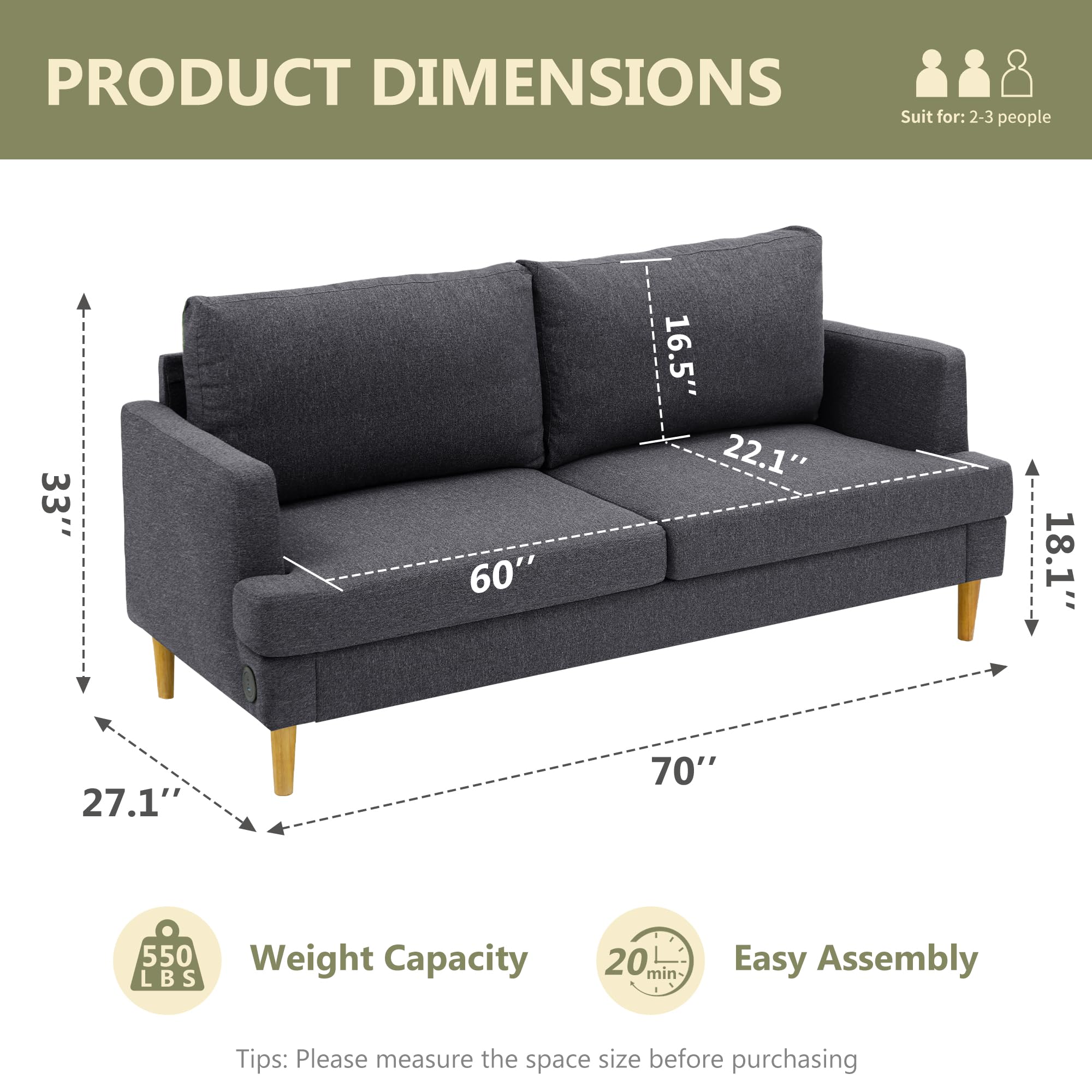 Busaurus 70" Loveseat Sofa, Mid Century Modern Couch for Small Spaces, 2 Seater Linen Fabric Sofa Upholstered Love Seat Couches with Comfy Pillows & USB for Living Room, Bedroom, Apartment, Dark Grey