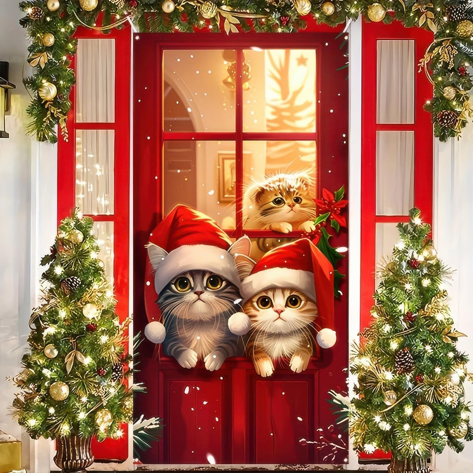 Merry Christmas Door Cover Cute Cat Printed Hanging Door Banner with White Rope Christmas Photo Booth Background Props for Winter Party Holiday Xmas Eve Porch House 71 x 35 Inches