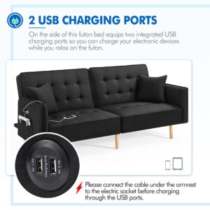 Yaheetech Futon Sofa Bed Convertible Couch Sofa with USB Ports Fabric Sleeper Sofa Split-Back Loveseat for Living Room, Studio, Office, Black