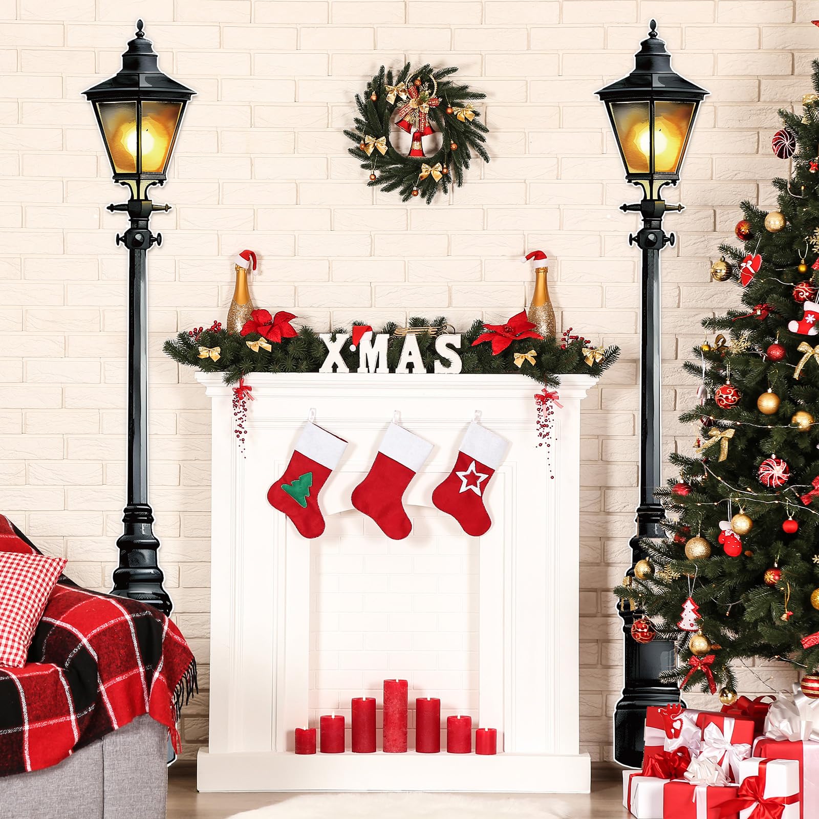 Honoson 2 Pcs 6' Tall Christmas Lamp Post Cardboard Cutouts Large Lamppost Photo Props Street Light Wall Decorations for Christmas Village Fairy Garden Dollhouse Wall Backdrop Indoor Party Supplies