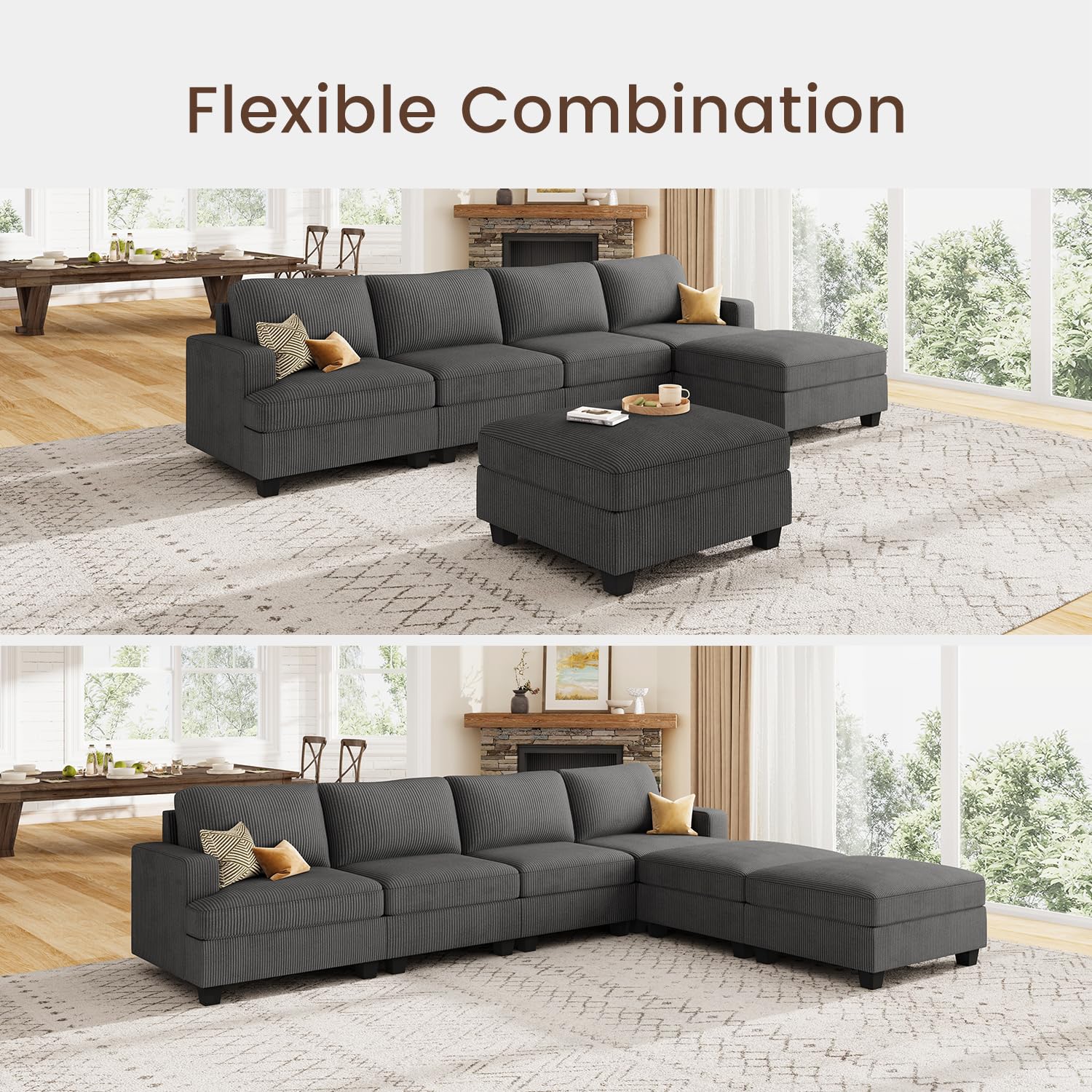 Nolany Corduroy Sectional Couch with Storage Ottoman, U Shape Sectional Sofa with Storage Chaise, Modular Sectional Couches for Living Room, Dark Grey