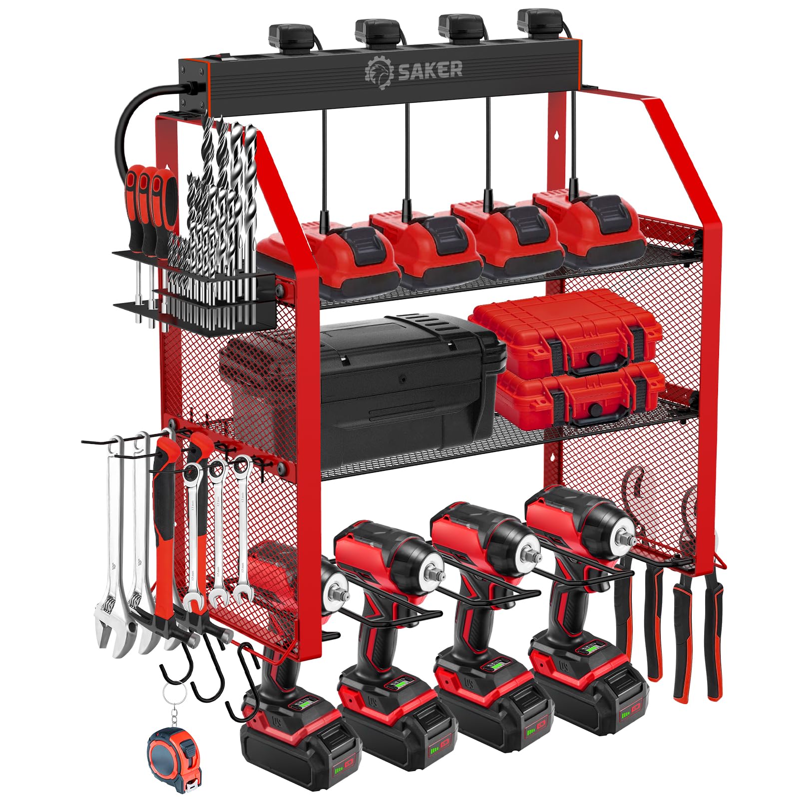 Saker Power Tool Organizer Wall Mount, Power Tool Organizer with Charging Station, 3-Layer, 8 Outlets, 4 Drill Holders, 3 Hooks, Drill Bit Rack, Screwdriver Rack for Garage, Workshop, Home