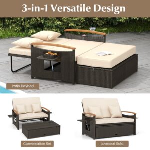 Moccha Outdoor Wicker Daybed, Patio Rattan Loveseat Sofa w/ 4-Level Adjustable Backrest, Folding Panels, Storage Ottoman & Cushions, Lounge Furniture Set for Poolside Backyard Porch (Beige)