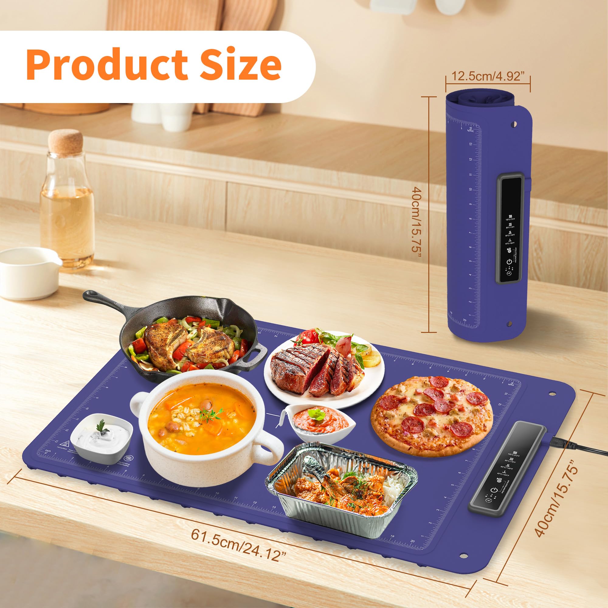 Warming Mat for Food, Electric Warming Tray, Full Surface Heating Food Warmer, 4 Temperature Levels, 5 Hours Auto Shut-Off Function, for defrosting, Buffets, Parties, Holidays and Everyday Use(Blue)