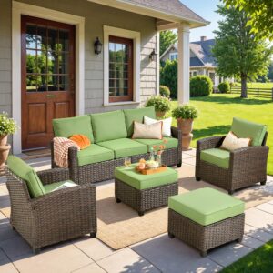 caodoc patio furniture set, 5 pieces outdoor wicker rattan sofa couch with chairs, ottomans and comfy cushions, all weather high back conversation set garden backyard, brown rattan green cushions