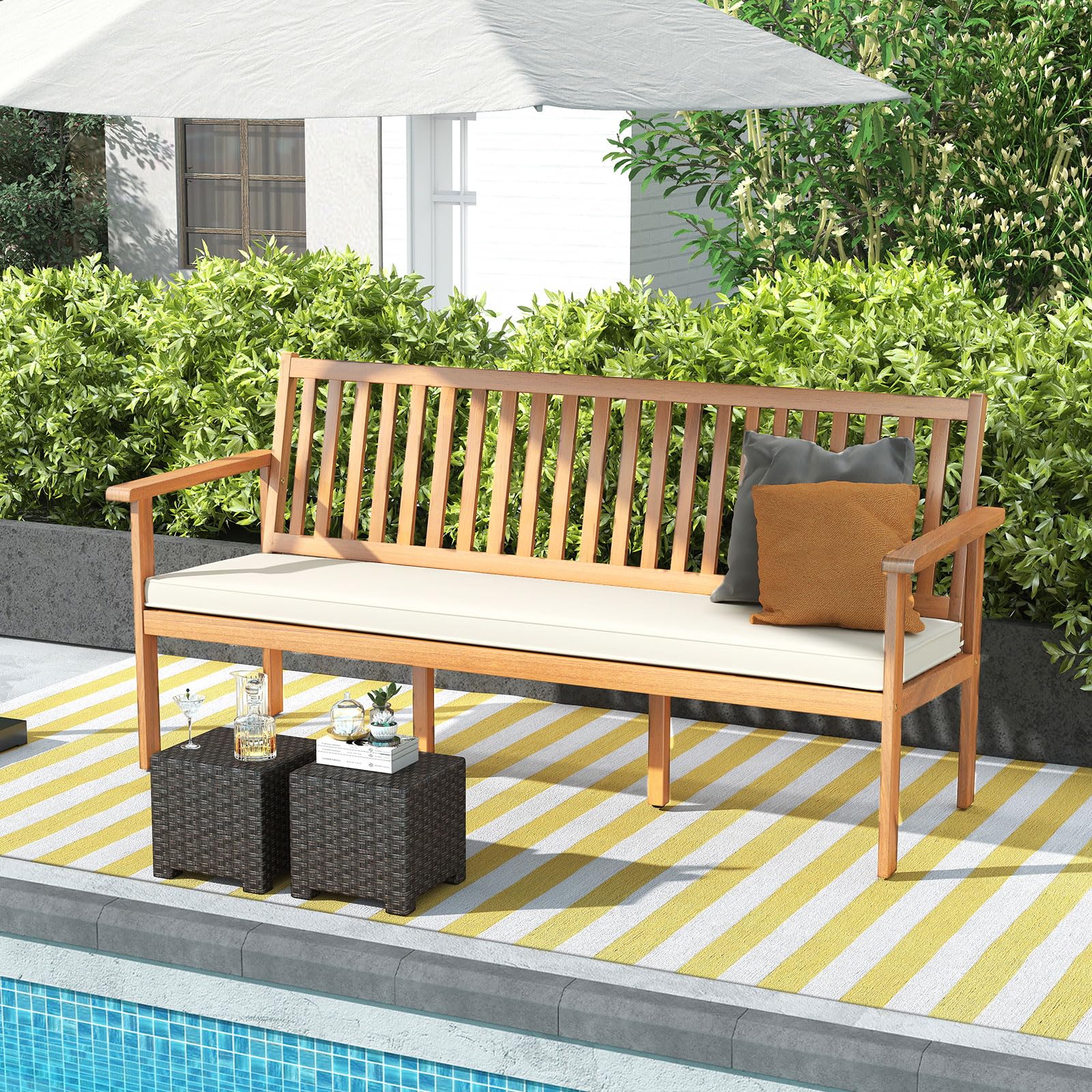 RELAX4LIFE 64’’ Outdoor Bench Acacia Wood - 3-Person Patio Bench w/Slatted Backrest, Armrests & Removable Seat Cushion, Wooden Front Porch Garden Bench for Poolside Balcony Backyard, 1200 LBS Capacity