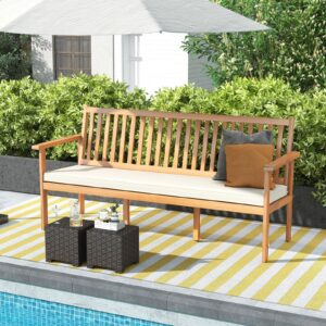 Tangkula Outdoor 3-Seat Wood Bench, 64 Inches Extra Long Acacia Chair w/Seat Cushion, Slatted Seat & Backrest, Patio 3-Person Bench Seat for Backyard, Porch, Balcony