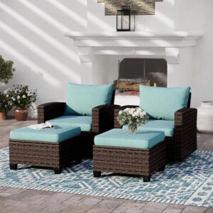 SUNSHINE VALLEY Swivel Glider Outdoor Patio Furniture Set,Wicker Patio Furniture Set with Swivel Chairs,Rattan Outdoor Furniture Small Patio with 4" Thick Waterproof Cushion,4 Pieces 4 Seats,Blue