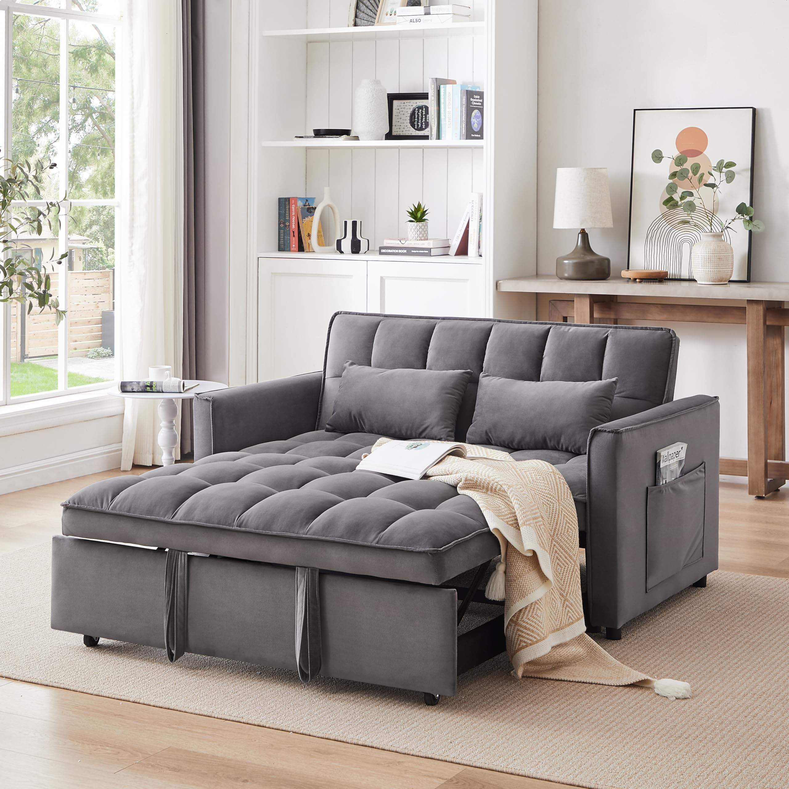 SPOWAY 3 in 1 Sleeper Sofa Couch Bed, Velvet Convertible Sofa Bed with Armrests, Storage Pockets & 2 Pillows, Modern Sofa Bed Couch for Living Room Apartment Bedroom Office, Dark Grey