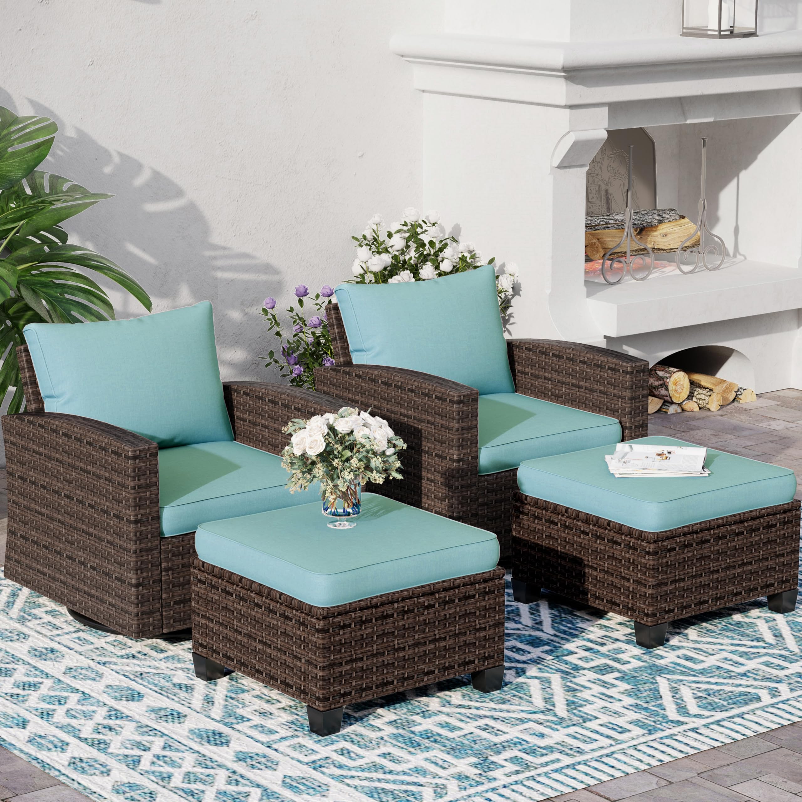 SUNSHINE VALLEY Swivel Glider Outdoor Patio Furniture Set,Wicker Patio Furniture Set with Swivel Chairs,Rattan Outdoor Furniture Small Patio with 4" Thick Waterproof Cushion,4 Pieces 4 Seats,Blue