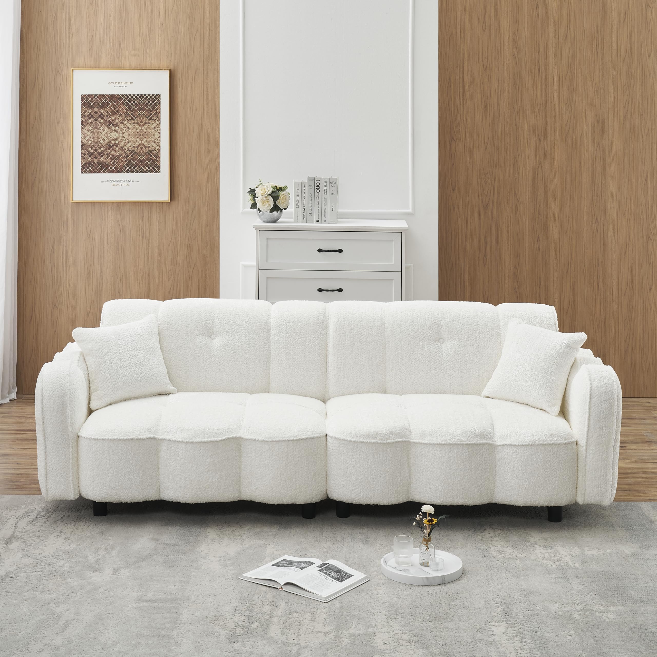 Elevon 96 Inch Modern Sofa Couch, Comfy Cloud Couch Loveseat Sofa Teddy Velvet Upholstered, 3 Seater Cozy Deep Seat with 2 Pillows for Living Room Bedroom Apartment Office, White